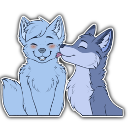 Blue fox character licking a placeholder character's cheek in a friendly way