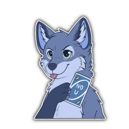 Blue fox character holding an UNO reverse card that reads "no u" while sticking their tongue out