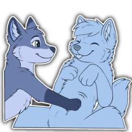 A blue fox character happily giving belly rubs to a placeholder character who is enjoying it