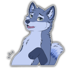 A blue fox character with a slightly tired expression and their stomach bulging from eating too much