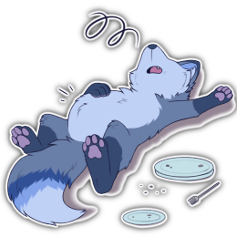 A blue fox character laying on their back with a full belly, and empty plates around them