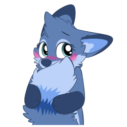 Blue fox looking away while blushing and covering her mouth by holding her tail in front of it