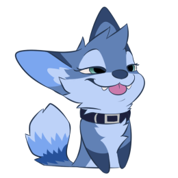 Blue fox character with a smug expression and stuck out tongue, looking forward wearing a collar