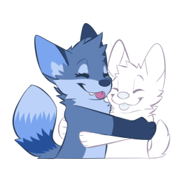 Blue fox character with their eyes closed and tongue sticking out hugging a placeholder character