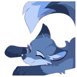 A blue fox character laying down on their belly with the front paws stretched out in front of them