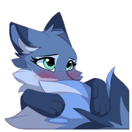 Blue fox looking forward while blushing and covering her mouth by holding her tail in front of it