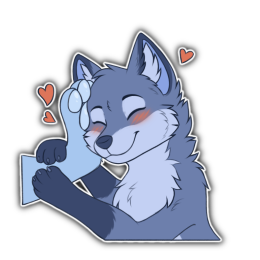 Blue fox character holding a placeholder character's paw to their face and snuggling it