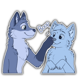 Blue fox character booping a happy placeholder character's muzzle