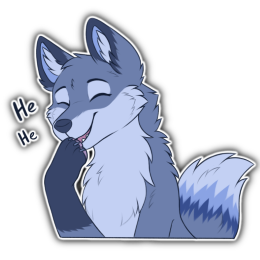 Blue fox character with their eyes closed and covering their mouth as they chuckle lightly