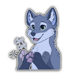 Blue fox character clapping their paws happily