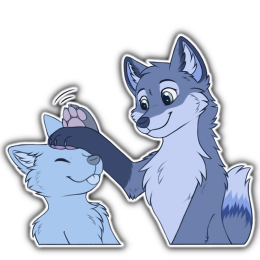 Blue fox character patting a happy placeholder character on the head