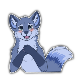 Blue fox character looking at you while holding their paws to their chest and blushing