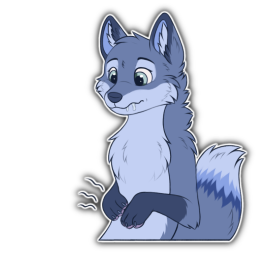 Blue fox character with their paws on their growling stomach