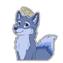 Blue fox character looking away and sticking their tongue out with a halo above their head