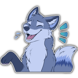 Blue fox character with their mouth open and laughing loudly while shedding tears