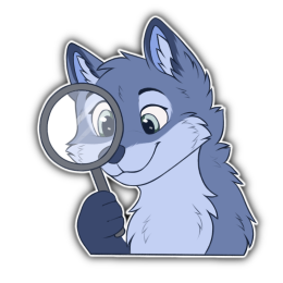 Blue fox character looking through a magnifying glass