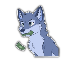 Blue fox character assertively holding green banknotes in their mouth
