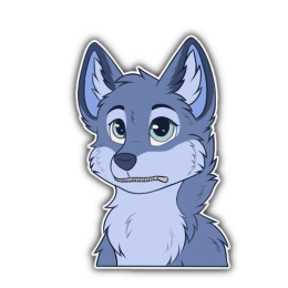 Blue fox character with their mouth replaced by a fully closed zipper