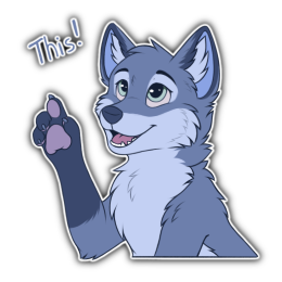 Blue fox character looking & pointing upwards with the caption "This!"