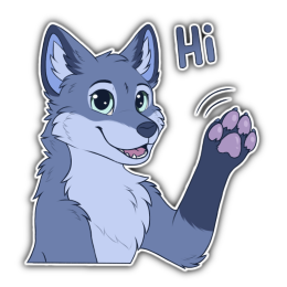Blue fox character waving their left paw while saying "Hi"