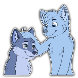 A blue fox character with their head tilted down, looking up while a placeholder character pets them