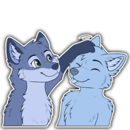 A blue fox character happily petting a placeholder character on the head who is enjoying it