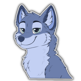A blue fox character looking at you with a smile, their eyelids slightly closed, and eyebrows raised