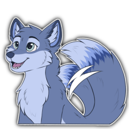 A blue fox character excitedly wagging their tail