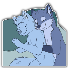 A blue fox character laying in bed with a placeholder character, hugging them from behind