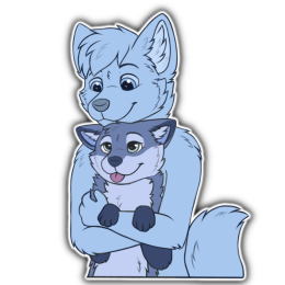 A blue fox character being hugged to the chest of a taller placeholder character, both looking happy