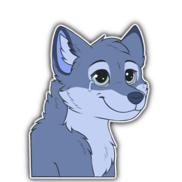 A blue fox character with a wide smile and open eyes, with a tear shedding from one of the eyes