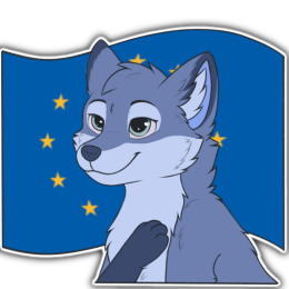 A blue fox character with their left paw on their chest near their heart with an EU flag behind then
