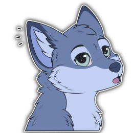 A blue fox character paused midway through a conversation and listening for something