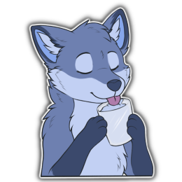 A blue fox character contently drinking a cup of water