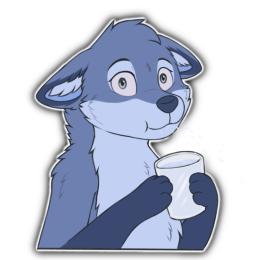 A blue fox character looking terrified and almost spitting out water they are drinking from a glass