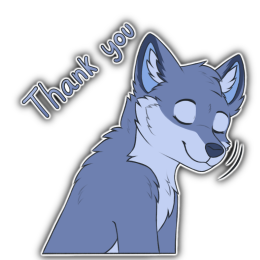A blue fox character tilting their head down in appreciation with the text "Thank you" above them