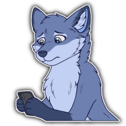 A blue fox character looking at their phone with a sad expression