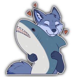 A blue fox character hugging a BLÅHAJ plush shark