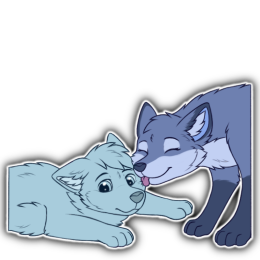 A blue fox character licking a placeholder character laying on the ground to cheer them up