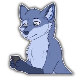 A blue fox character looking at their phone with a neutral expression