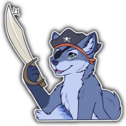 A blue fox character wearing a pirate hat, eye patch and holding a sword in their right paw