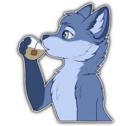 A blue fox from a profile view holding a teacup in their paw and sipping from it