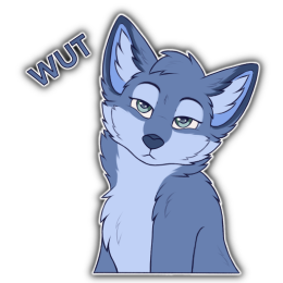 A blue fox character looking at the viewer confused with the word "WUT" next to them