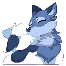 Blue fox comforting a white fluffy placeholder character wrapping her front paws around them