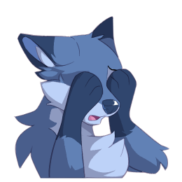 Blue fox with her head tilted down, her paws covering her closed eyes, with her mouth slightly open
