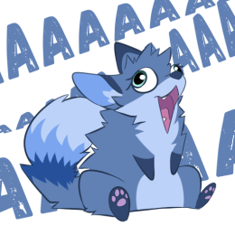 Blue fox character sitting down with an open mouth, eyes looking apart, mouth wide open, screaming