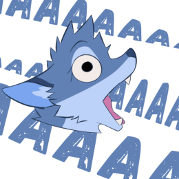 Blue fox character's head from the side with an open mouth, distressed eyes, "A"s in the background