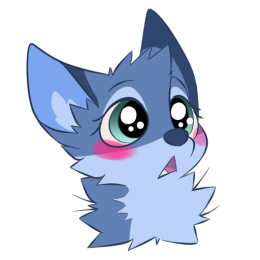 Blue fox character with a puzzled expression and a pronounced pink blush on both cheeks