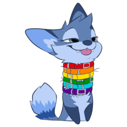 A blue fox character with a smug expression & long neck, wearing 6 rainbow-colored collars
