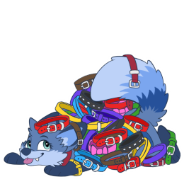 A blue fox character playfully laying on the ground under a pile of various different collars